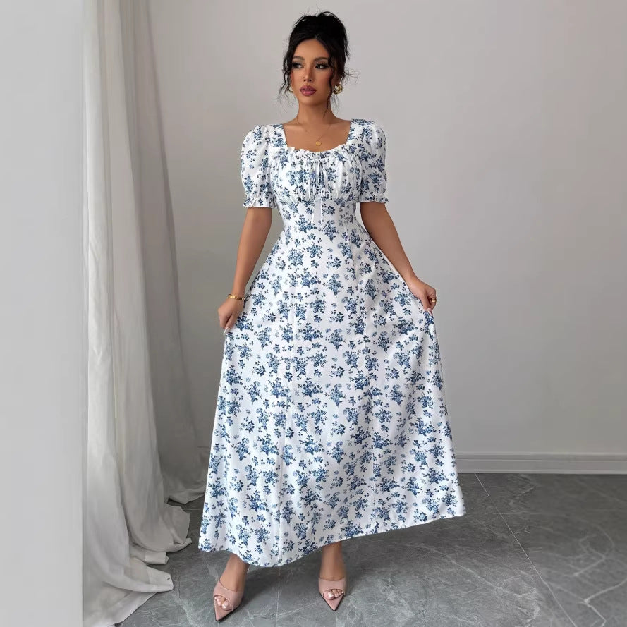 new european and american style printed v-neck summer bubble sleeve dress
