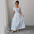 new european and american style printed v-neck summer bubble sleeve dress