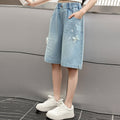 Girls' shorts - summer lightweight light wash denim mid-length shorts -  new summer fashionable pants - big kids' capri shorts