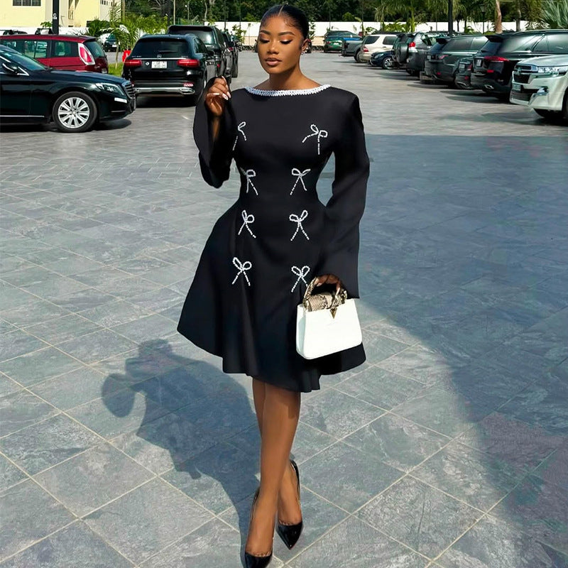 European and american cross-border women's fashion  summer new arrival: elegant beaded, high-waisted, a-line, open-back evening gown dress