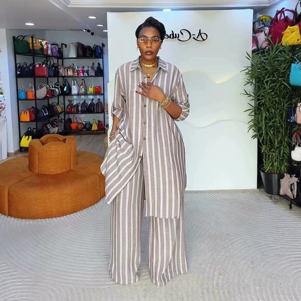 European and american cross-border women's fashion:  summer new arrival - stylish and elegant long striped shirt top and wide-leg pants set