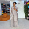 European and american cross-border women's fashion:  summer new arrival - stylish and elegant long striped shirt top and wide-leg pants set