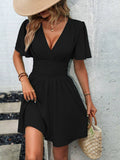 Summer new arrival: deep v-neck ruffle sleeve solid color shirred dress