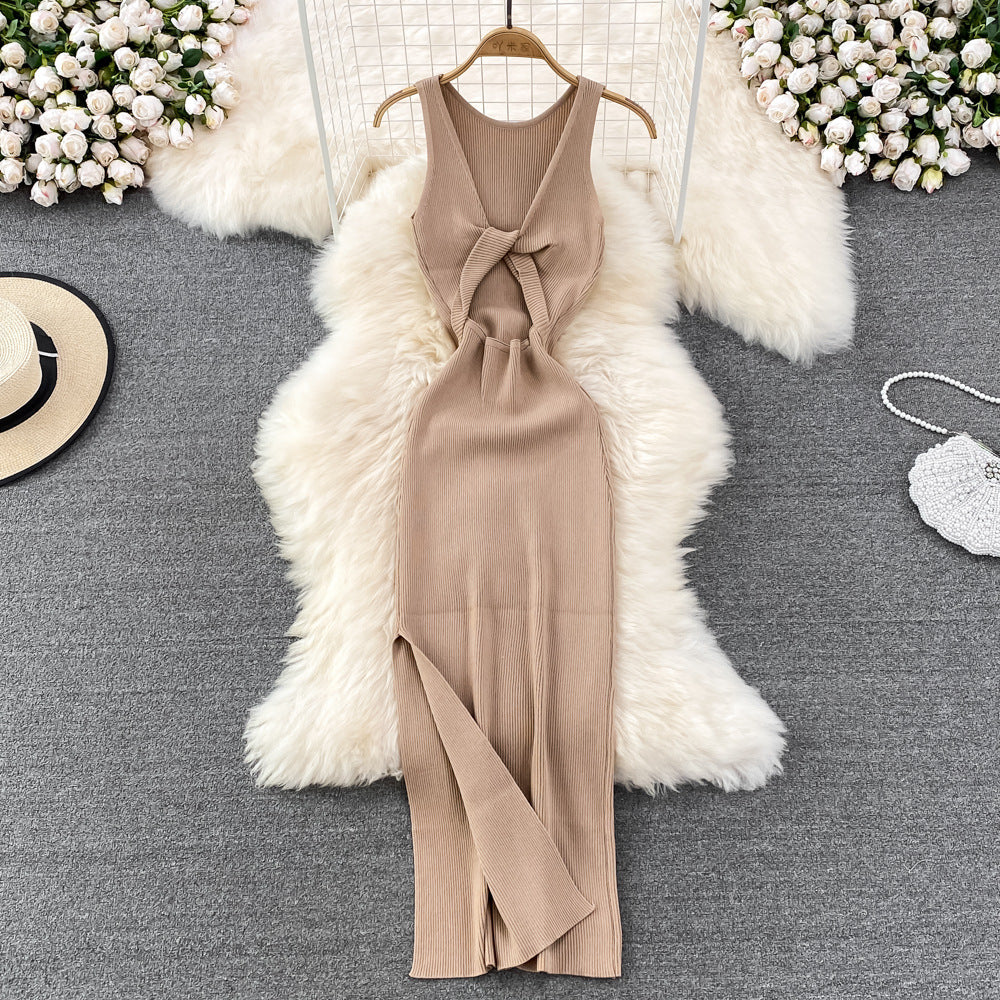 European and american style ins women's summer new sexy twist knot cleavage-enhancing hollow-out fashion two-way knitted dress