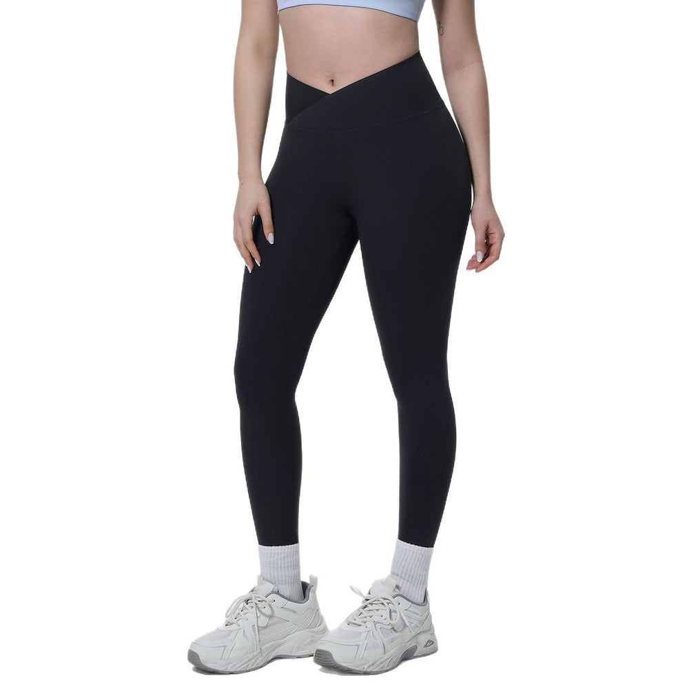 New arrival cross-border fashionpure color double-sided nylon seamless cross-waist tight yoga pants sports running fitness yoga