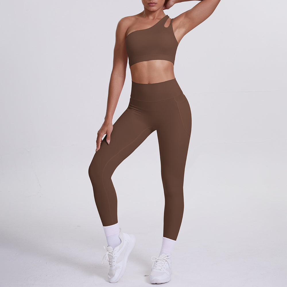 fashion double-sided brocade brushed single oblique shoulder yoga suit sports running fitness flap pocket pants pants two-piece set