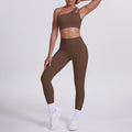 fashion double-sided brocade brushed single oblique shoulder yoga suit sports running fitness flap pocket pants pants two-piece set