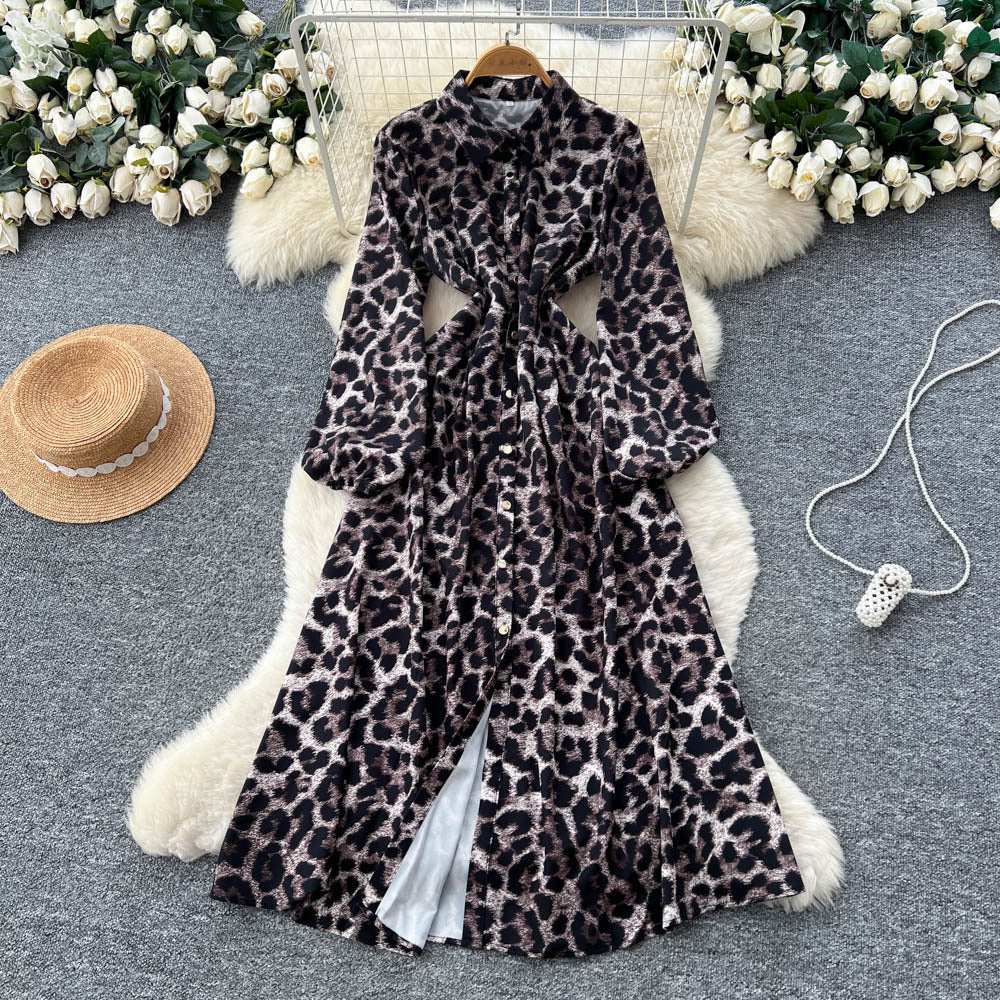 Korean style fashionable printed dress - new women's long sleeve tie-waist slimming a-line versatile elegant maxi dress for work