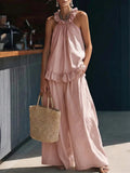 european and american  spring/summer new arrival: halter top cotton linen retro high-waisted loose casual set for women