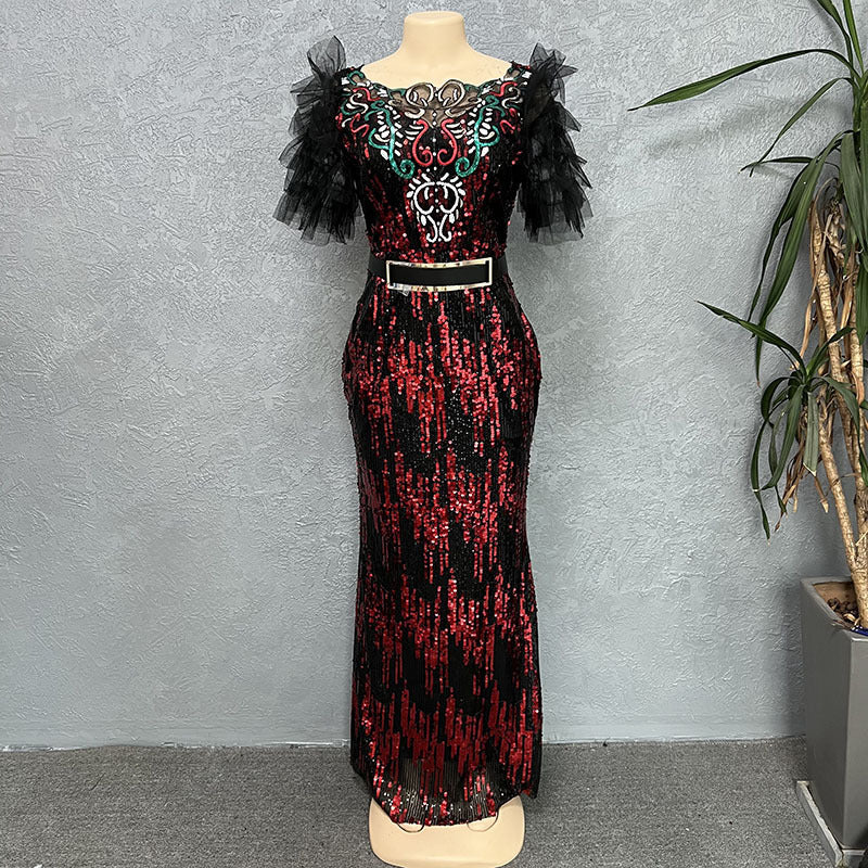 supply elastic sequin short-sleeved mermaid dress long skirt evening dress fashion african fashion women's clothing special price
