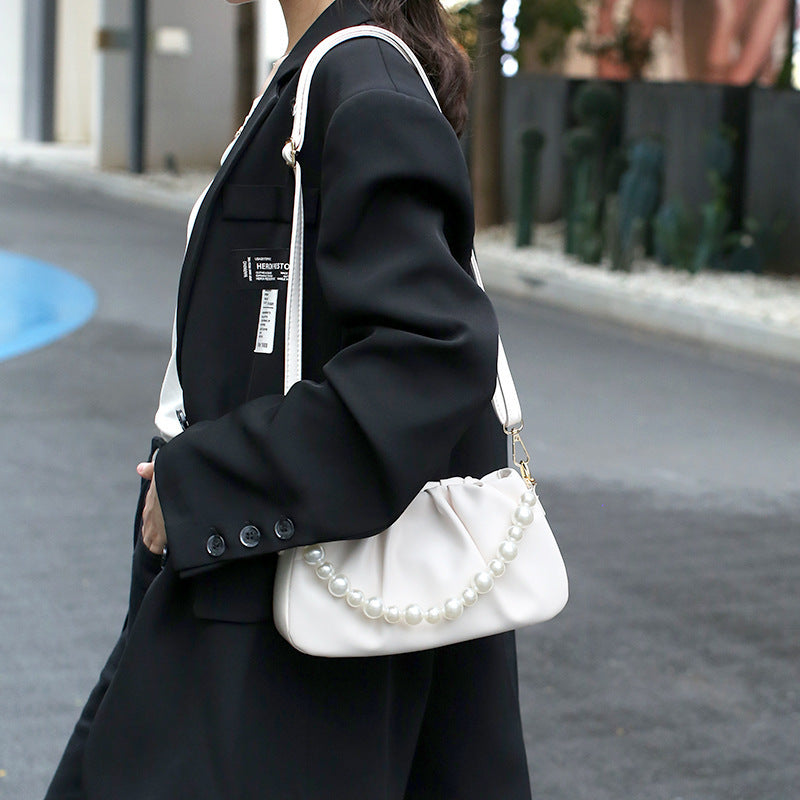 New retro ins pleated shoulder bag pearl chain small fragrant women's bag Korean version versatile portable messenger bag