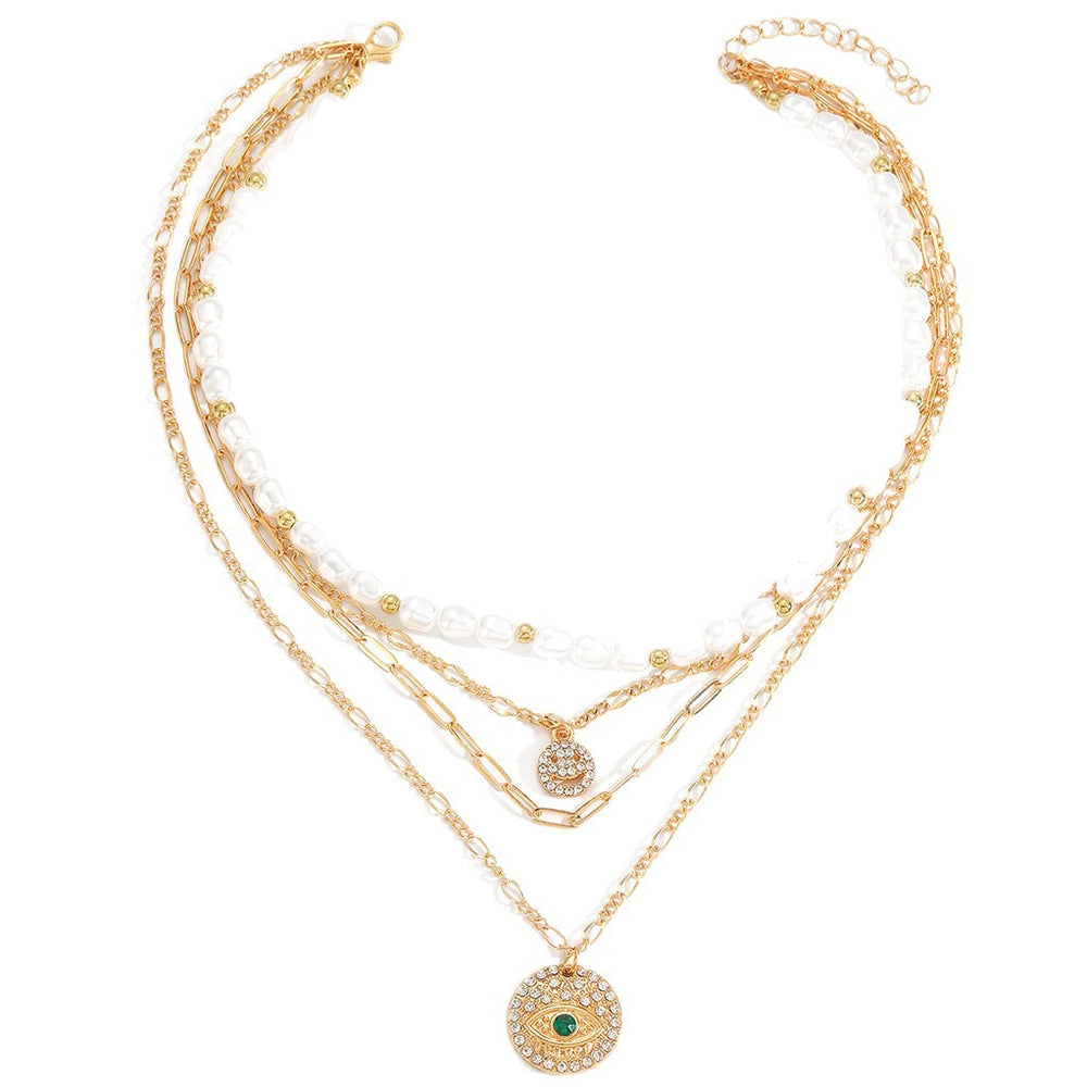 European and american chic minimalist faux pearl necklace - vintage french style, light luxury, diamond-accented smiley face & devil's eye layered necklace