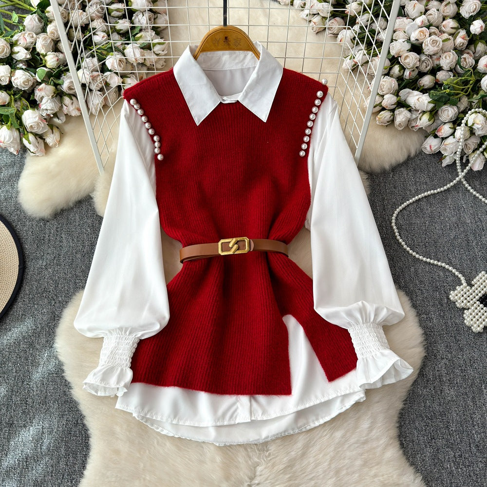 Autum shirt shirt plus knittingvesttwo-piece set female classy sense tweed style foreign style age reduction petitessuit