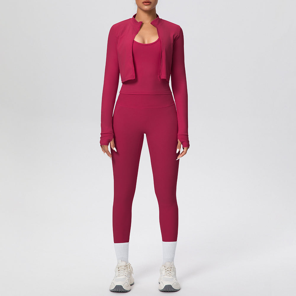 brushed tight drawstring halter vest nine-point long three-piece set sports running fitness yoga suit