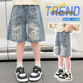 Girl denim shortssummer thin style  summer new style kidshalf length pantschildren's wide leg pants medium pants trendy