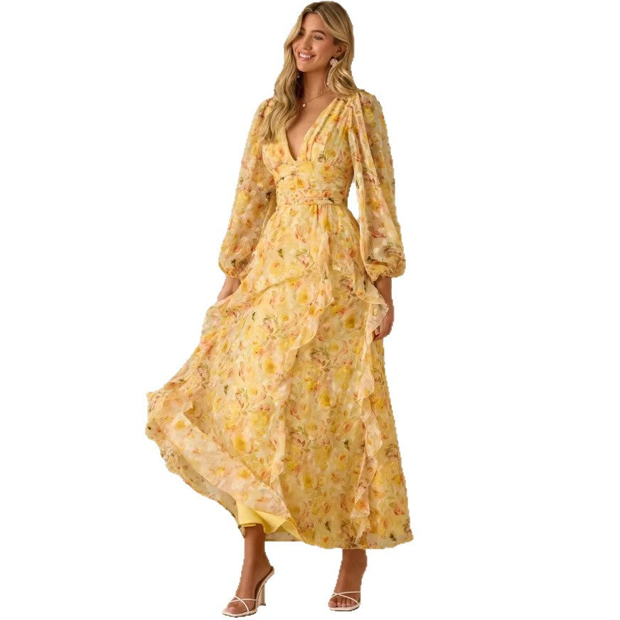 Yellow floral dress - autumn  australian fresh & sweet stand collar single-breasted tie-waist maxi dress