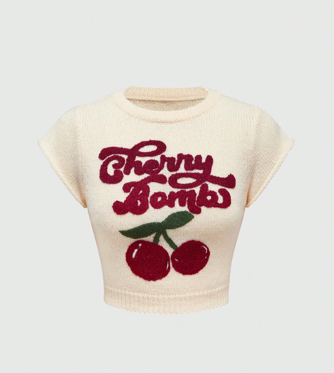 cherry knit crewneck sweater top - pullover, relaxed fit, oversized style