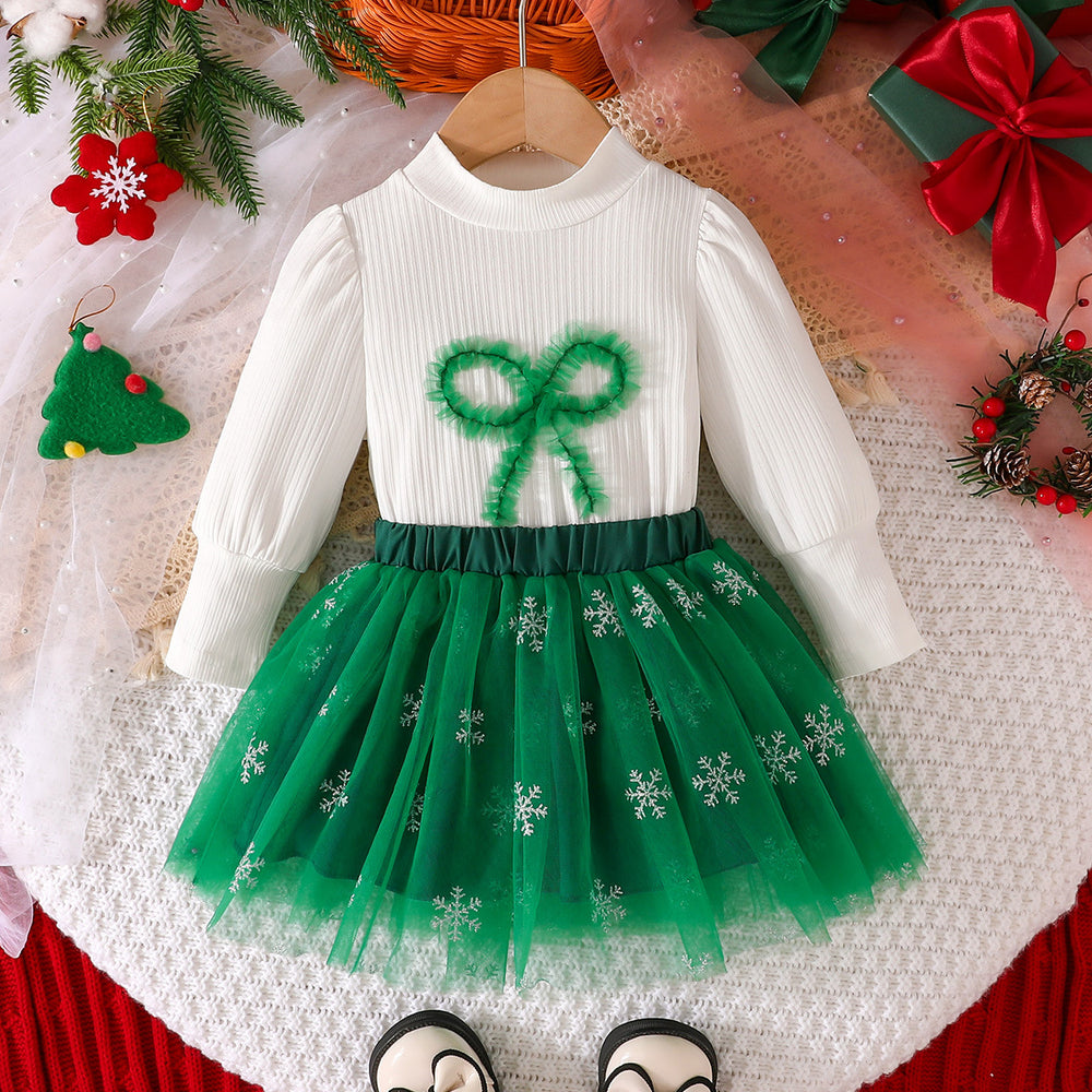 new european and american christmas top with puff sleeves + mesh skirt bow set - hot selling direct from the factory