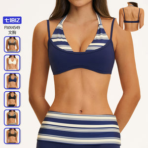 exclusive color-block sports bra, faux two-piece halter yoga top with padded cups and printed design, model 4549