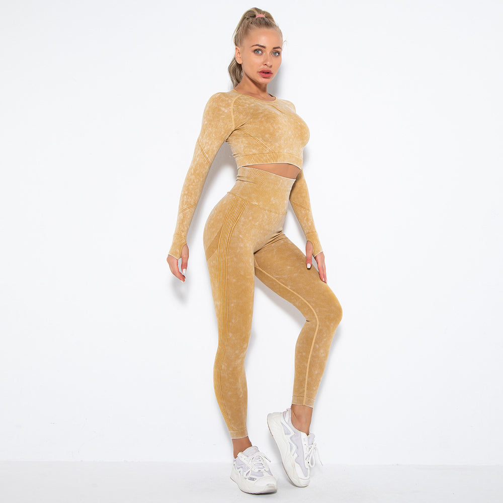 European and american new seamless washed smiley face yoga set - activewear long sleeve top and butt-lifting yoga pants two-piece set
