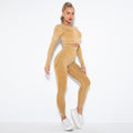 European and american new seamless washed smiley face yoga set - activewear long sleeve top and butt-lifting yoga pants two-piece set