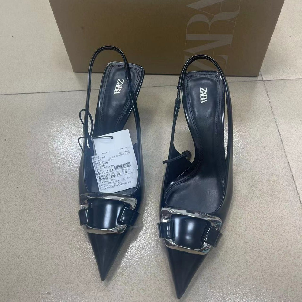 Za2024 summer new square buckle decorated stiletto sandals - black pointed toe back strap casual everyday sandals