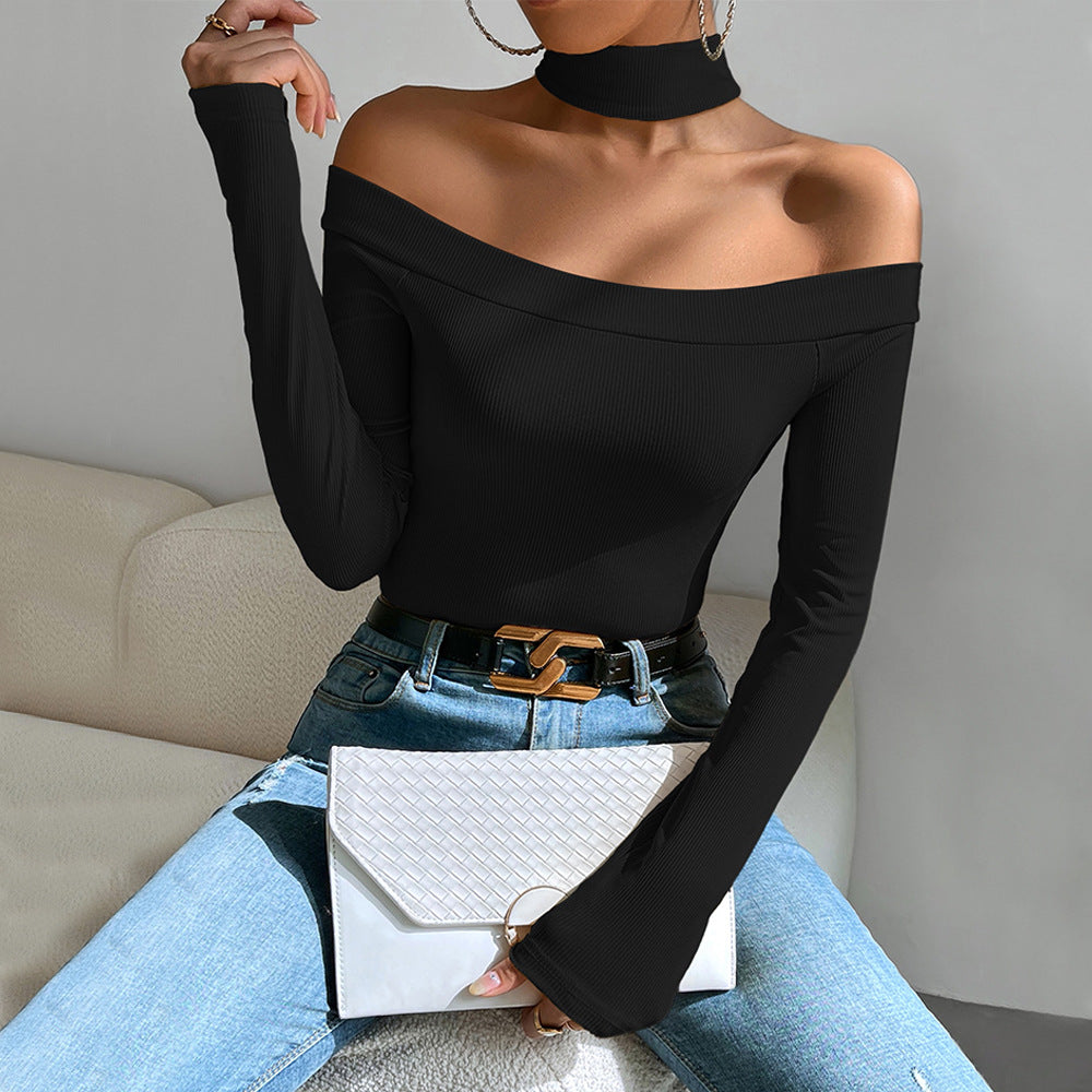 european and american women's clothing  fall/winter new sexy off-the-shoulder slim-fit knitted long-sleeve t-shirt - versatile and chic top