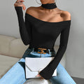 european and american women's clothing  fall/winter new sexy off-the-shoulder slim-fit knitted long-sleeve t-shirt - versatile and chic top