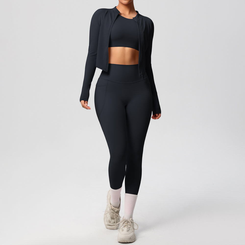 new cloud-soft brushed slim-fit long sleeve activewear set: includes a sporty jacket, casual peach lift leggings, and a yoga top – a three-piece workout outfit