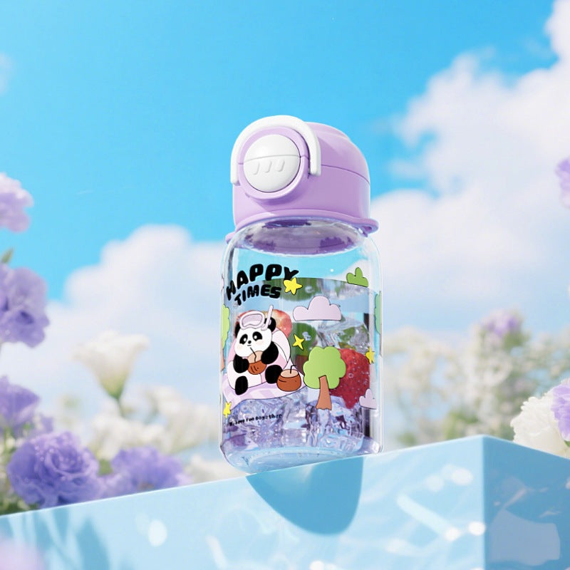 Cartoon panda kids water bottle, plastic cup, student food-grade double-drink straw cup with strap, portable water bottle, large capacity