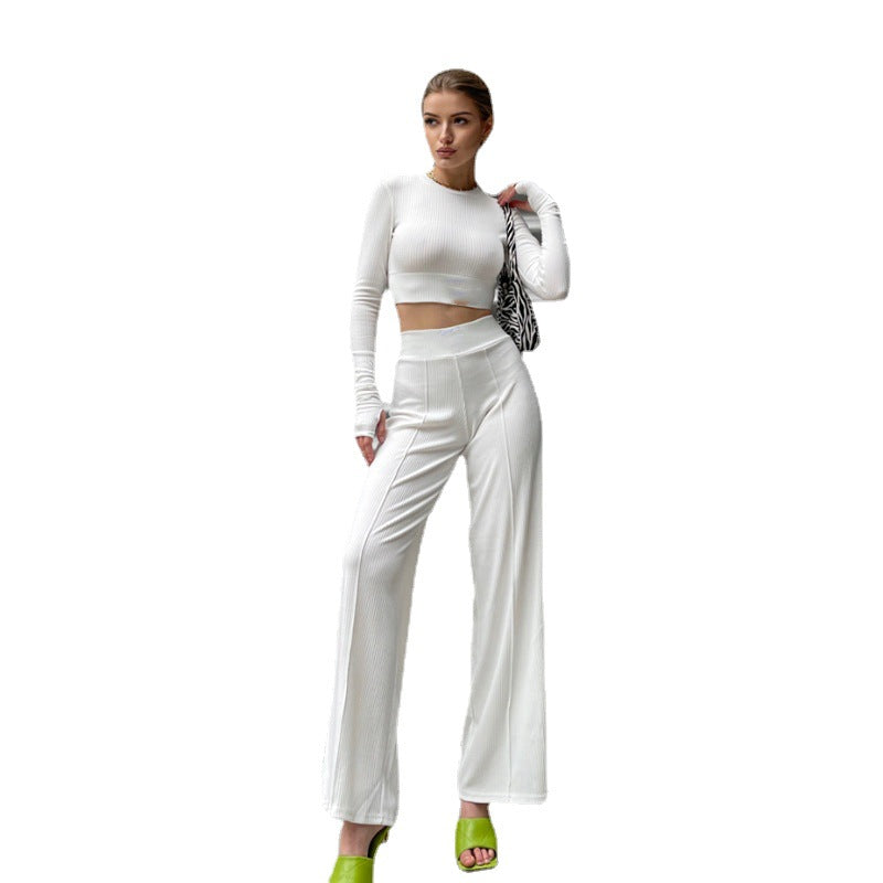 European and american cross-border women's fashion:  autumn new collection - stylish and elegant ribbed long-sleeve cropped top and wide-leg pants two-piece set