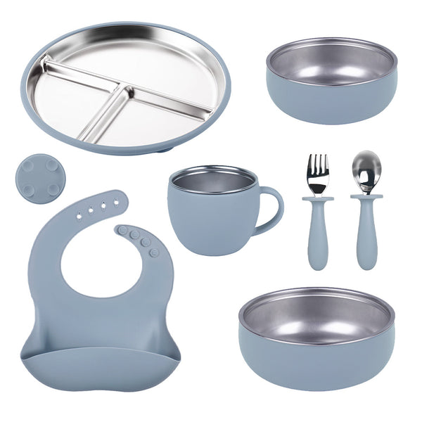 New Yama Xun silicone 304 stainless steel dinner plate with suction cup set Children's silicone feeding tableware