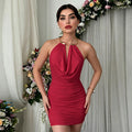 European and american women's clothing  summer new arrival: casual solid color sleeveless halter neck metallic ring detail bodycon mini dress