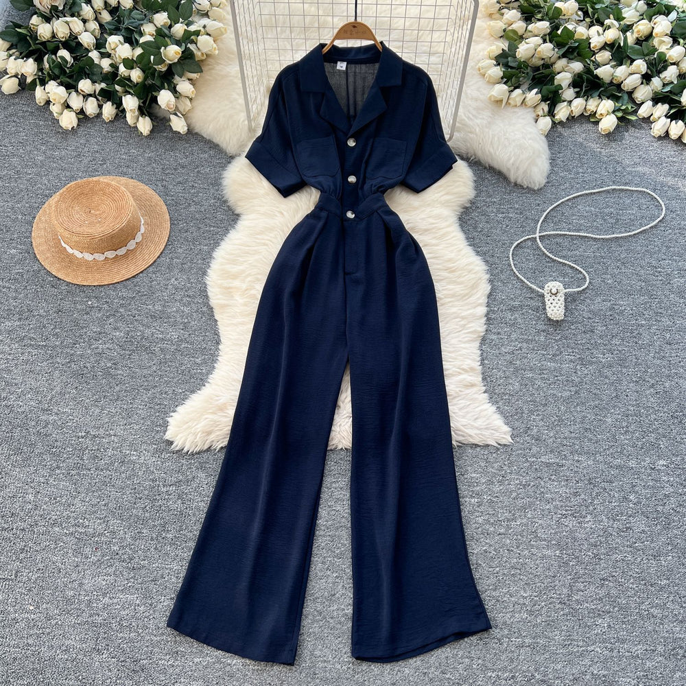 Summer women's new jumpsuit chic niche lightly mature style suit collar single breasted short sleeve high waistcasual jumpsuit