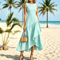 fashion summer vacation style women's new silk mesh patchwork sleeveless straight neck waist longdress