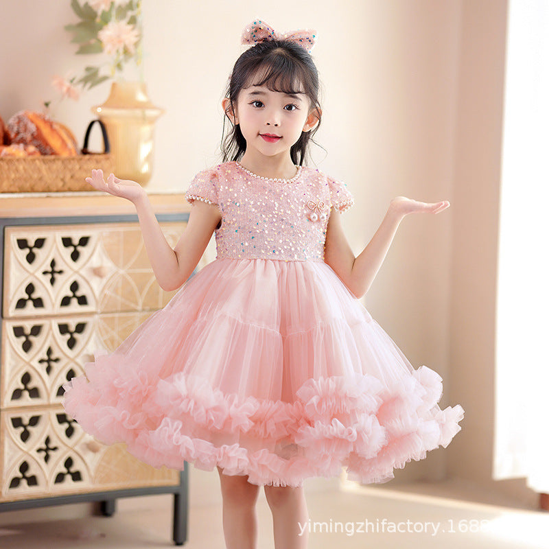 Ready-to-ship girls' short-sleeve sequin tutu princess dress - mesh children's skirt, perfect for 3-12 year olds, birthday celebrations, and first birthday parties