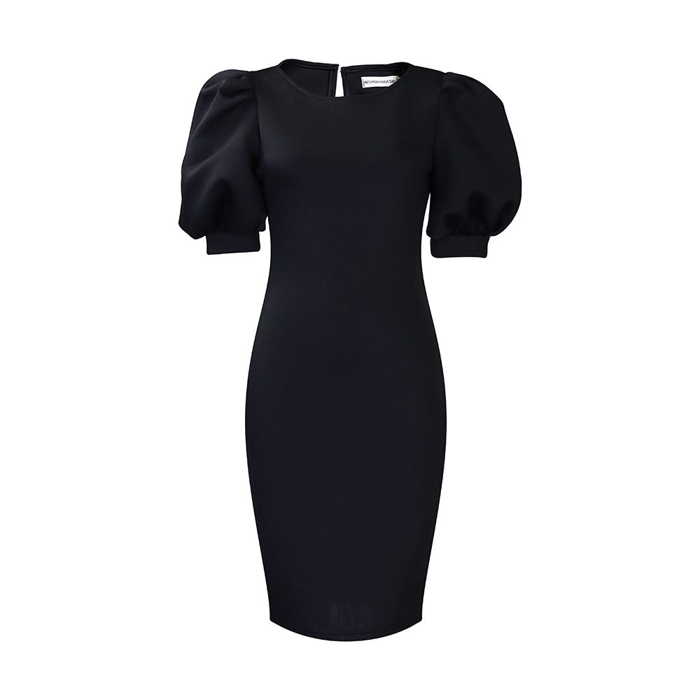 C8525  women's clothing  new bubble sleeve round neck solid color bodycon plus size slimming foreign trade dress