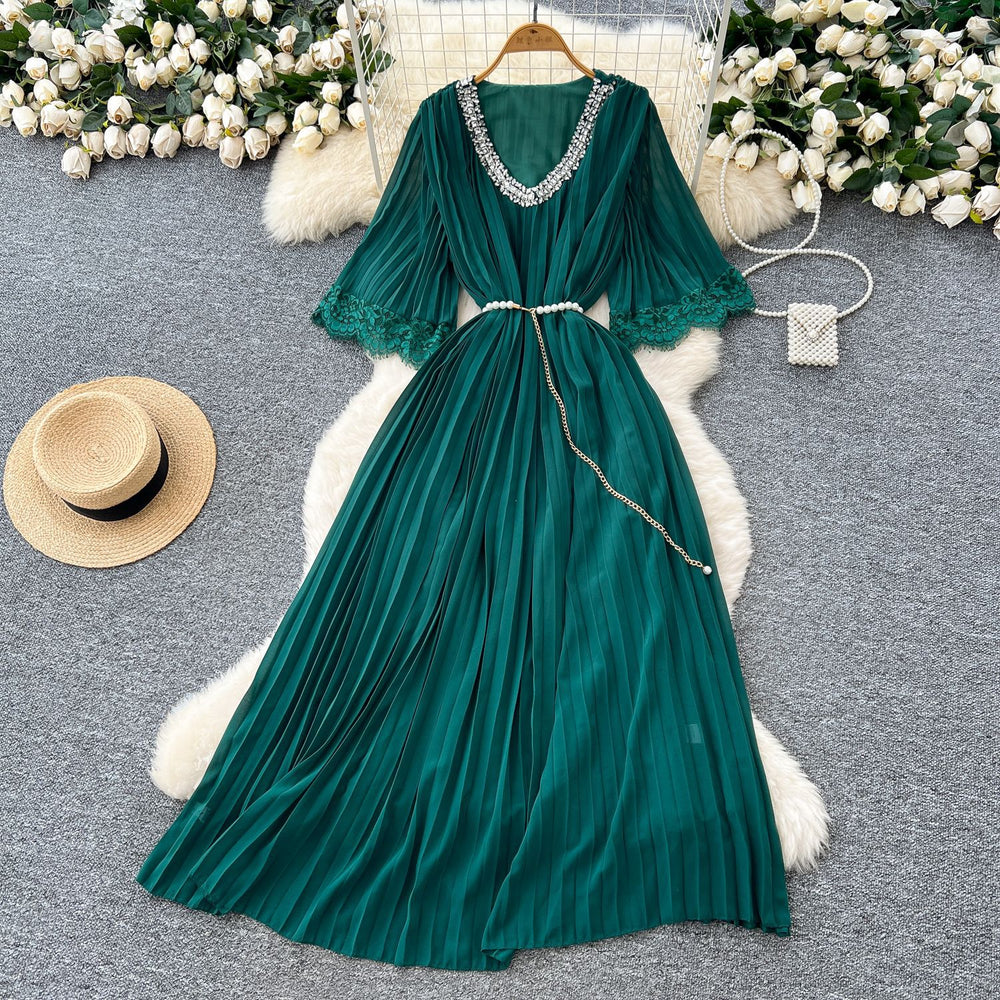 French-style embellished v-neck lace patchwork midi dress with ruched detail and tie-waist – women's loose-fit maxi dress