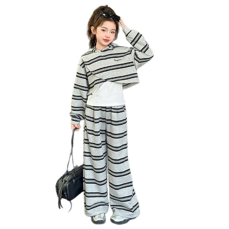 Girls' spring/autumn striped outfit -  new style - trendy hooded sweatshirt and pants set for girls (sizes for mid-to-large children)