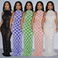 C6895 cross-border   fashion women's solid color sequin halter backless maxi dress
