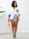 european and american style fashion casual colorful button cardigan contrast color ribbed cuffed sleeve letter patch women's shirt
