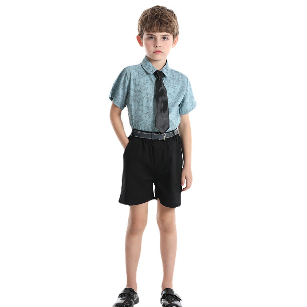 boys' summer floral suit, new kids' stylish short-sleeved floral shirt with trendy tie, baby formal wear