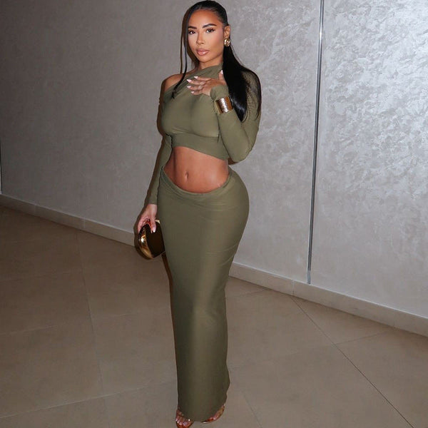European and American style  new women's clothing comfortable and casual solid color open-navel long skirt set long skirt long sleeve diagonal collar two-piece set