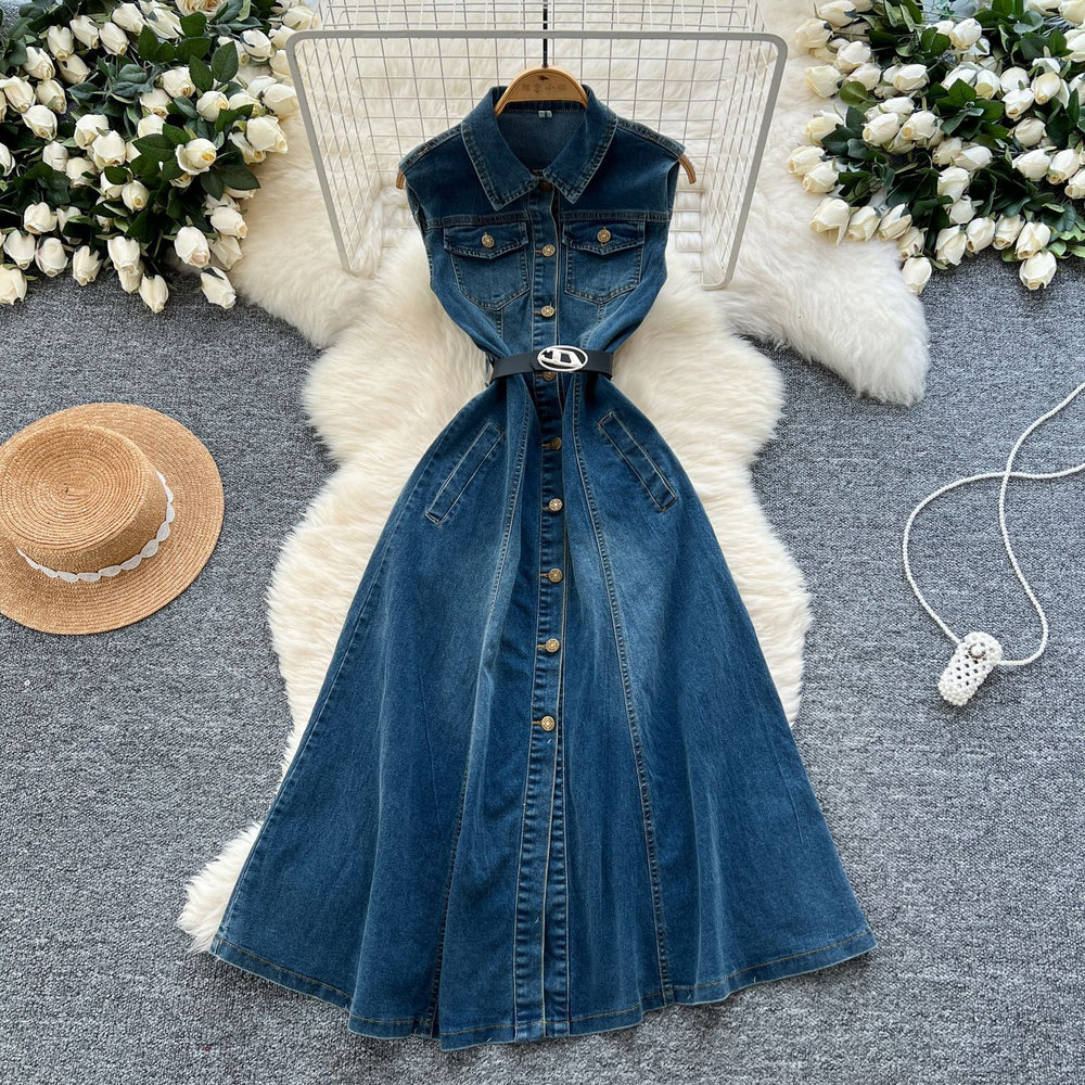 K-styleclassy lapel sleeveless single-breasted waist denim dress women's summerslimming lookelegantcasual long skirt