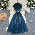 K-styleclassy lapel sleeveless single-breasted waist denim dress women's summerslimming lookelegantcasual long skirt