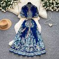 Vintage print tie-waist short sleeve elegant dress - women's summer high-waisted a-line dress - slimming, figure-flattering, work-ready maxi dress