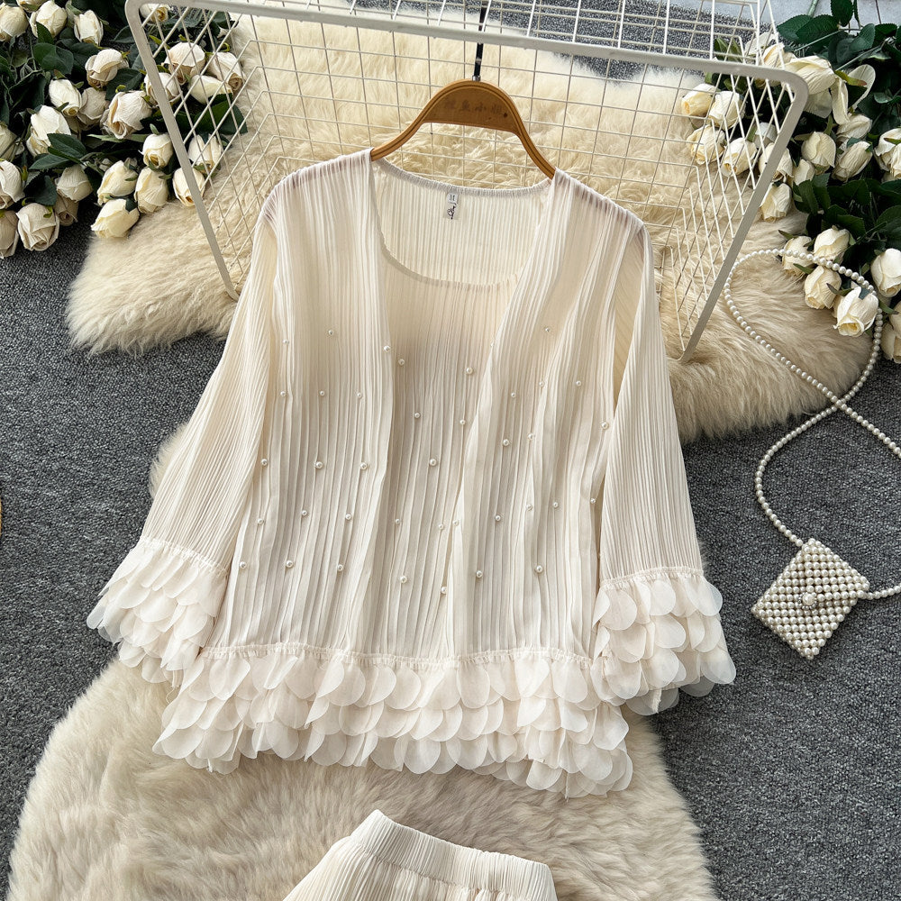 French chic ruffle-trimmed, beaded long-sleeve top and midi skirt set - autumn elegance for women