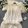 French chic ruffle-trimmed, beaded long-sleeve top and midi skirt set - autumn elegance for women
