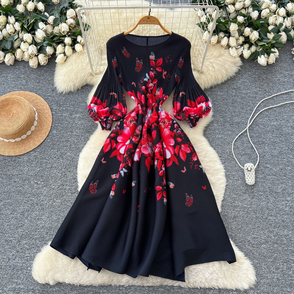spring new arrival: royal court style retro stand collar dress - european & american socialite design, cinched waist, single-breasted button, printed maxi dress