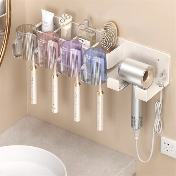 Electric toothbrush, storage shelf, no punching, hair dryer, integrated bracket, toilet, bathroom, wall-mounted dental utensils, mouthwash cup.